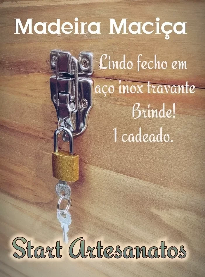 Ver imagem 4 de Caixa Grande Madeira Maçiça Baú + Cadeado Decoração De Sala