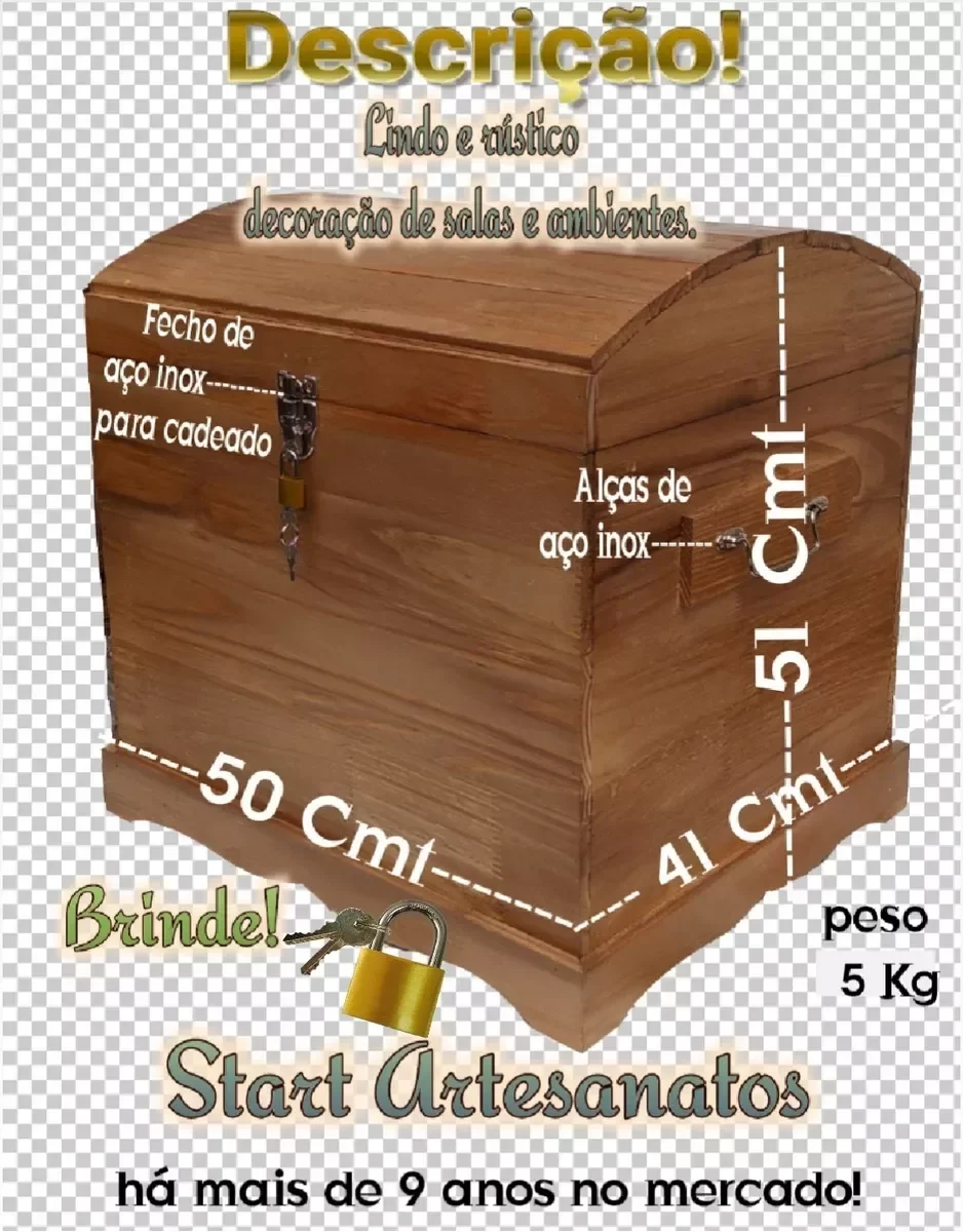 Ver imagem 5 de Caixa Grande Madeira Maçiça Baú + Cadeado Decoração De Sala