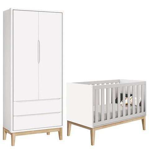Berço Americano e Guarda Roupa Classic 2 Portas Branco com Pés Madeira Natural – Reller