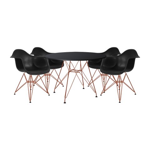 Mesa de Jantar Redonda Eames Eiffel Preta 110cm com 4 Poltronas Pretas Ferro Cobre