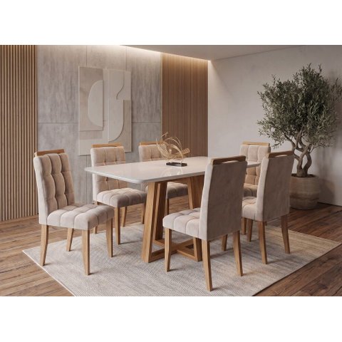 Sala de Jantar Bali 160cm c/Vidro com 6 Cadeiras Madeira Maciça Londres Cinamomo/Off Veludo Avelã