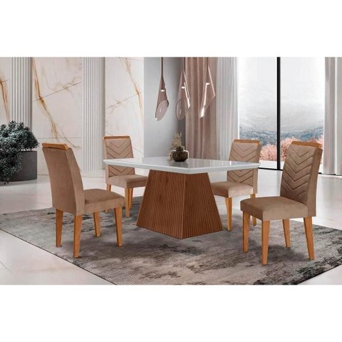 Conjunto: Mesa Sala Jantar Luna C/ Tampo Madeirado C/ Vidro Canto Curvo 120x80cm e 4 Cadeiras
