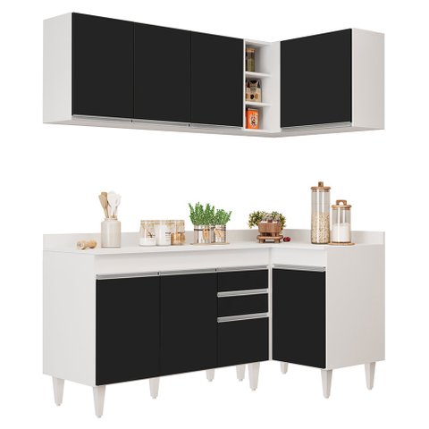 Armário de Cozinha Modulado de Canto Esquerdo 4 Peças Cp47 Balcão com Tampo Branco/preto - Lumil Lum