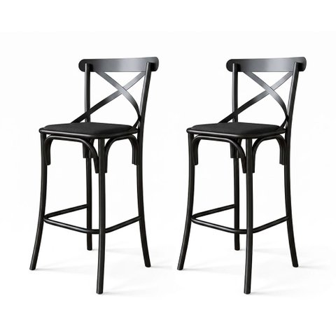 Kit 2 Banquetas Katrina em Aço Preta com Encosto Assento em Corano para Cozinha Gourmet - Preto