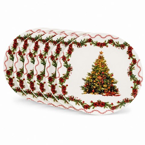 Jogo 6 Pratos de Jantar Natalino em Melamina 27,5cm Árvore de Natal e Bico de Papagaio - Magizi