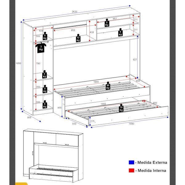 Guarda Roupa Solteiro com Cama e Auxiliar Embutida  - 3