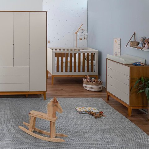 Kit Quarto Infantil com Pés Square Mel - Cômoda Elfe 4 Gavetas + Guarda-Roupa Elfe + Berço Mini Cama