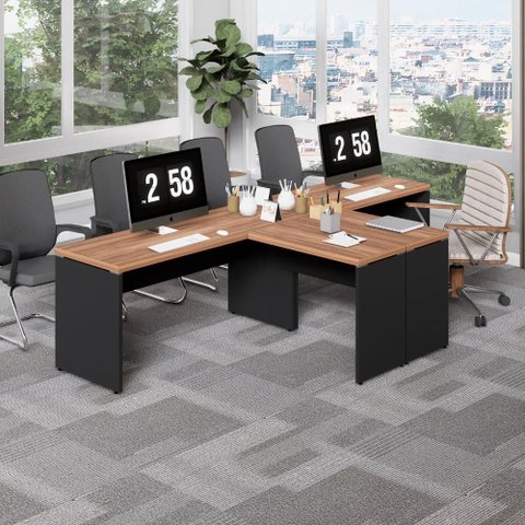 Mesa L Escritório 2 Lugares 3,00m X 1,50m Pés Painel F5 Cor:nogal com Preto