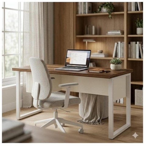 Mesa Escritório Pé Quadro 1,50x0,60m c/ Gavetas Nogal Sevilha / Champanhe