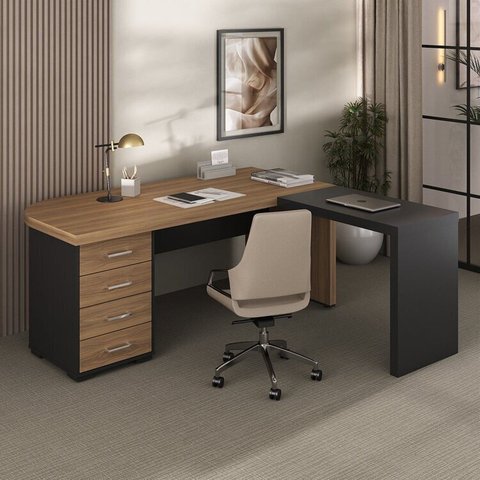 Escrivaninha Mesa Escritório em L Diretor Tamburato Le com 4 Gavetas 180cm Marrom/Nogal/Preto Artany