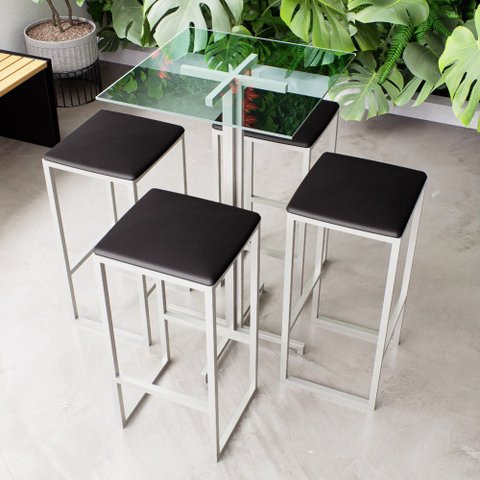Conjunto Mesa Alta Bar Bistrô Quadrada Vidro 4 Bancos Estofado Don Castro Decor