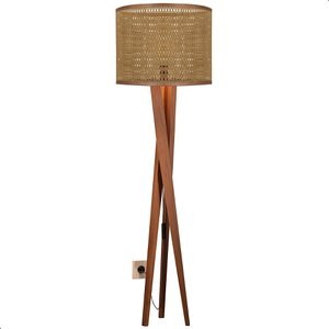 Luminária de Chão Paris com Pés de Madeira e Tela Teca Marrom 158cm