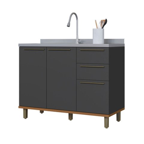 Balcão de Cozinha para Pia 120cm Munique 2 Portas 3 Gavetas Chumbo - Indekes
