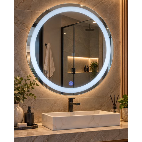 Espelho Banheiro LED 100 cm Frio Redondo Bivolt sem Moldura Prata Touch Luz Ajustável Dimerizável