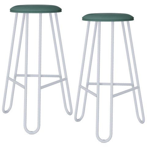 Kit 02 Banquetas Baixa Bar Cozinha Sala de Jantar Áris C01 Branco Courino Verde Sálvia - Lyam Decor