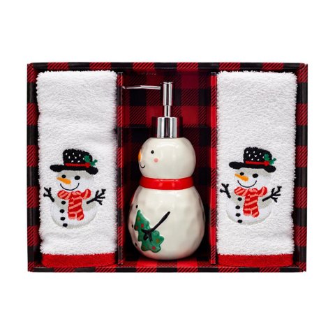 Kit Banheiro Natalino Boneco de Neve com 2 Toalhas e Porta Sabonete Líquido 3 Peças a: 20cm L: 9cm C