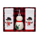 Ver imagem 1 de Kit Banheiro Natalino Boneco de Neve com 2 Toalhas e Porta Sabonete Líquido 3 Peças a: 20cm L: 9cm C