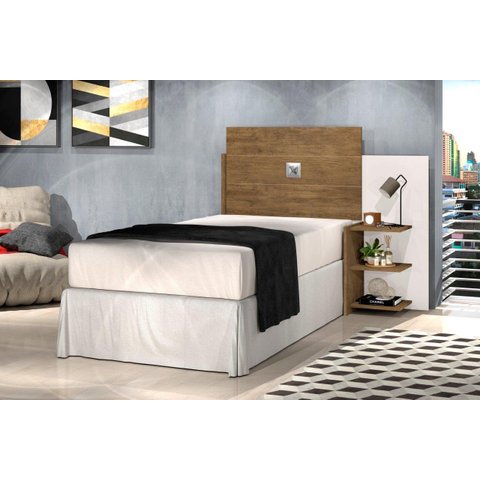 Cabeceira Acap para Cama Box Solteiro com Prateleiras Laterais para Objetos Cor Jequitiba/off White