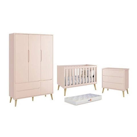Dormitório Theo 3 Portas, Cômoda 3 Gavetas Rosa com Pés Madeira Natural e Colchão D18 - Reller Móvei