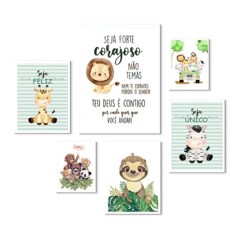 Kit 6 Quadros Quarto Infantil Safari - Cristão - com Vidro:madeira Branca