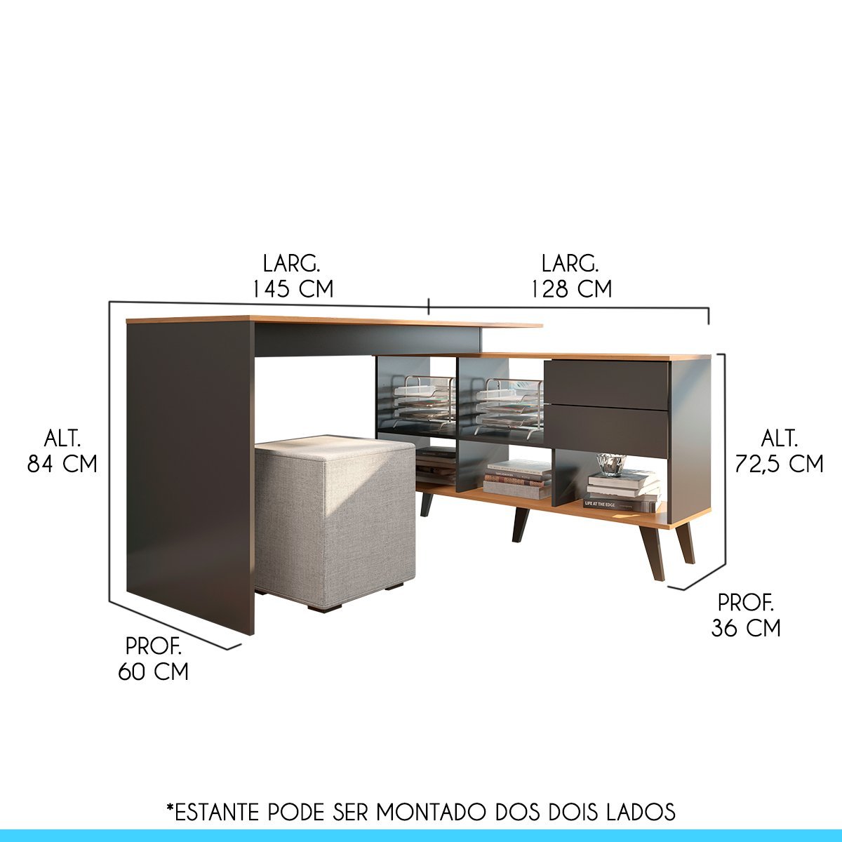 Mesa Home Office Grande com Estante 2 Gavetas Mdp Cinza 0747 Menu - 3