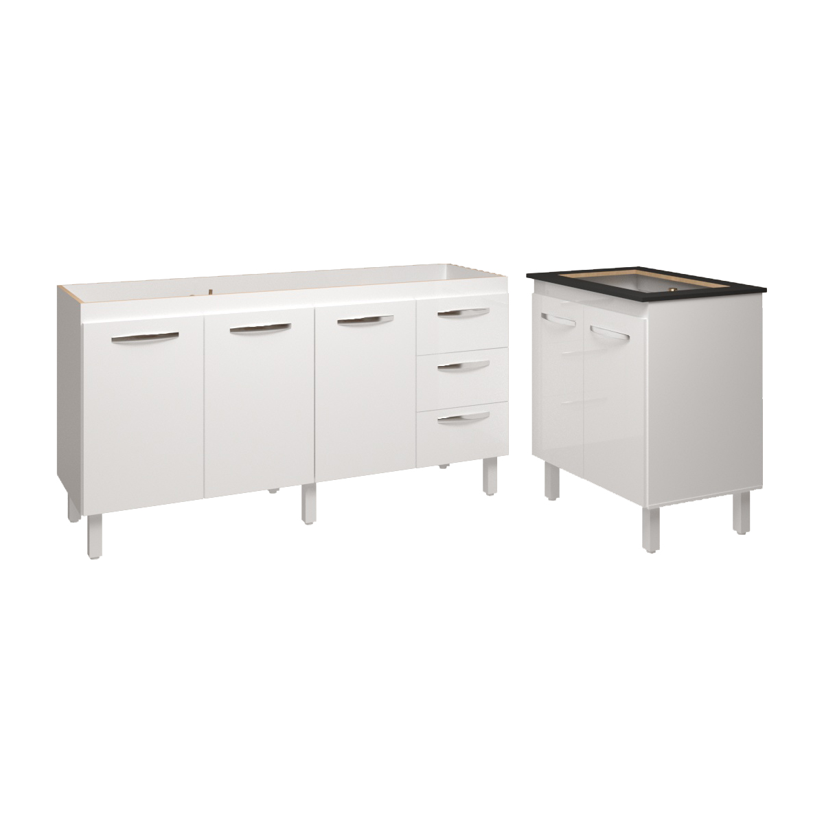 Cozinha Balcão Armário Gabinete de Pia 150 Cm Deise e Balcão Fran para Fogão Cooktop 4 Bocas Branco