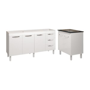 Cozinha Balcão Armário Gabinete de Pia 150 Cm Deise e Balcão Fran para Fogão Cooktop 4 Bocas Branco