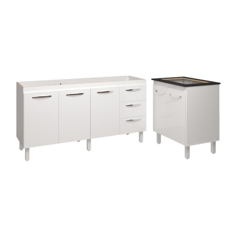 Cozinha Balcão Armário Gabinete de Pia 150 Cm Deise e Balcão Fran para Fogão Cooktop 4 Bocas Branco