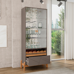 Cristaleira Cristal Espelho Adega 2 Portas Vidro Temperado Sala de Estar e Jantar com Pés Madeira Ma - 2