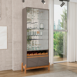 Cristaleira Cristal Espelho Adega 2 Portas Vidro Temperado Sala de Estar e Jantar com Pés Madeira Ma - 1