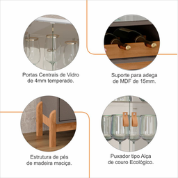 Cristaleira Cristal Espelho Adega 2 Portas Vidro Temperado Sala de Estar e Jantar com Pés Madeira Ma - 6
