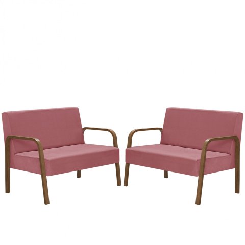 Kit Poltrona Decorativa 2 Namoradeiras Jade Braço Madeira D Salla Suede Rosa