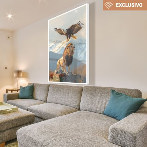Quadro Decorativo Águia e o Leão na Montanha Sala Quarto Casa Escritório