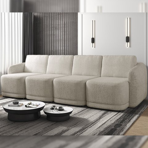 Sofá Cama Modulado Retrátil e Reclinável Decorativo Varsóvia 356cm Bouclê Bege Escuro G33 - Gran Bel