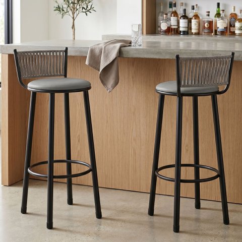 Kit 2 Banquetas Altas Estofadas Industrial em Aço Suede Bete Prata/Preto