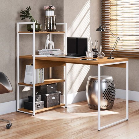 Mesa Escrivaninha Vitale 2 Prateleiras Canela/branco Brilho - Kappesberg