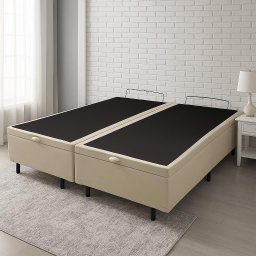 Base de Cama Box com Baú Queen ou King com 6 Pezinhos 2 Puxadores Frontais - Bege - King Corino - 12