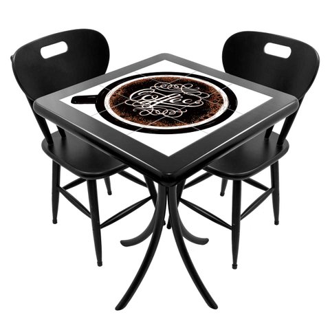 Conjunto Mesa Madeira Azulejo 60x60cm - Bistrô Fixa 78cm + 2 Cadeiras 43 - Preta - Coffee