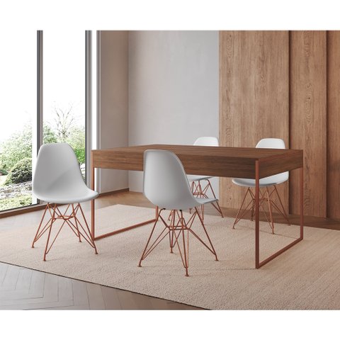 Mesa Jantar Industrial Retangular Filadélfia Amêndoa 137x90cm com 4 Cadeiras Brancas Eames Base Cobr