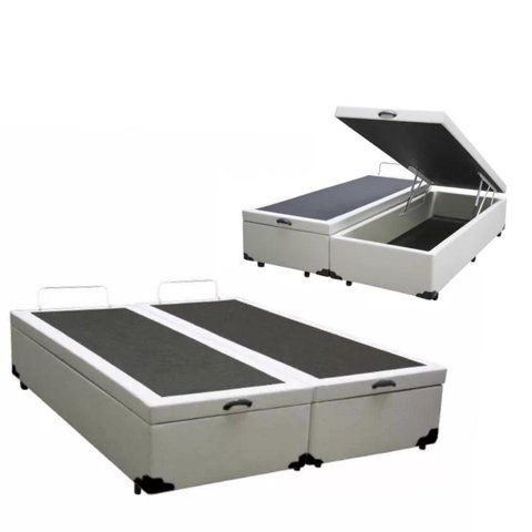 Cama Báu Box Base King Bipartido Sintético Branco Blindado com Pistão a Gás.