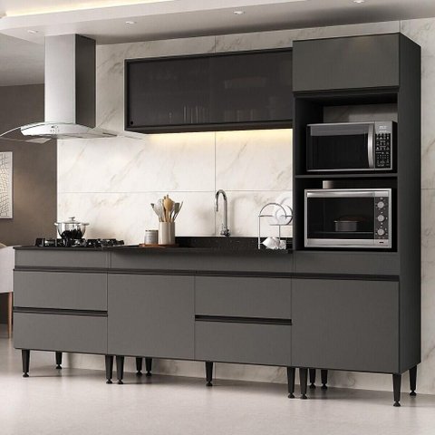 Armário Cozinha Modulada Completa com Pia Inclusa 251,5cm Milano Multimóveis MCR2472 Grafite/Preto