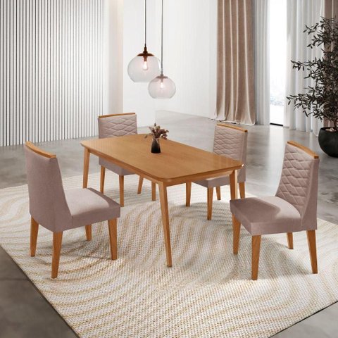 Mesa de Jantar Copper 120cm Tampo MDF com 4 Cadeiras Eloise Linho Capuccino//