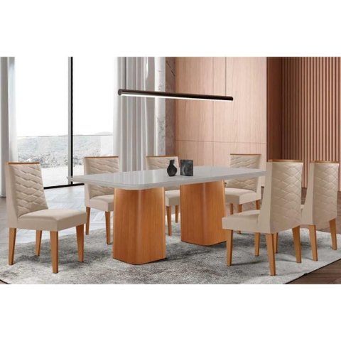 Sala de Jantar Completa Maldivas C/ Tampo Madeirado C/ Vidro Canto Curvo 180x90cm e 6 Cadeiras Dafne