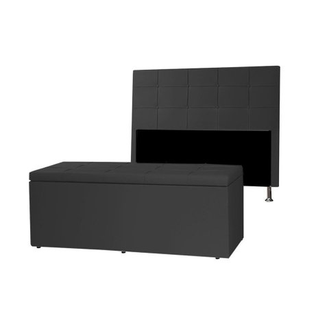 Kit Cabeceira e Calçadeira Baú Solteiro 0,90m Roma Material Sintético Preto Sky Mobile