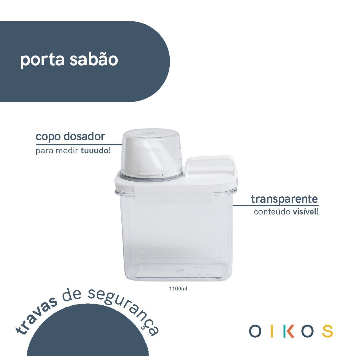 Porta Sabão em Pó 1,1l Transparente com Copo Dosador e Trava - Oikos - 3
