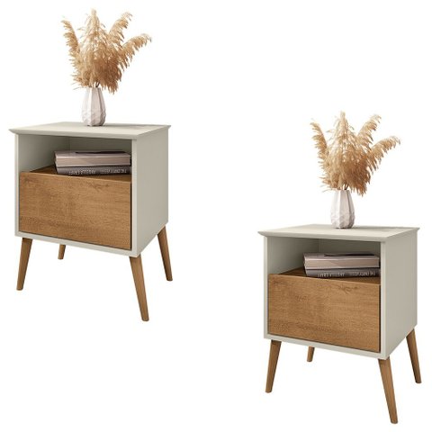 Mesa de Cabeceira Kit 2 45cm 1 Gaveta Caribe B02 Off White/naturalle - Mpozenato