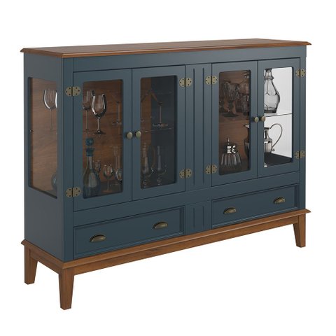 Mini Cristaleira de Madeira Maciça 4 Portas Azul Petróleo - Fundo Amêndoa