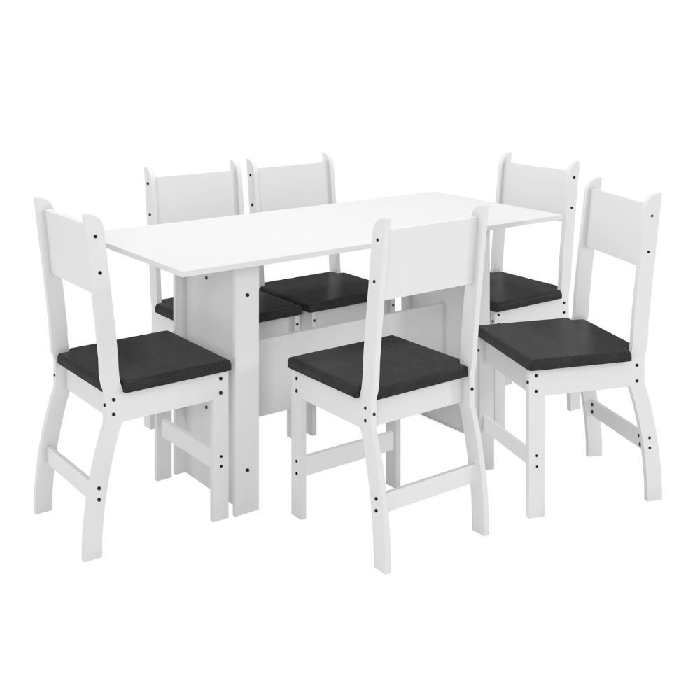 Conjunto de Mesa e 6 Cadeiras para Sala de Jantar Milano-Poliman - Branco / Preto - 2