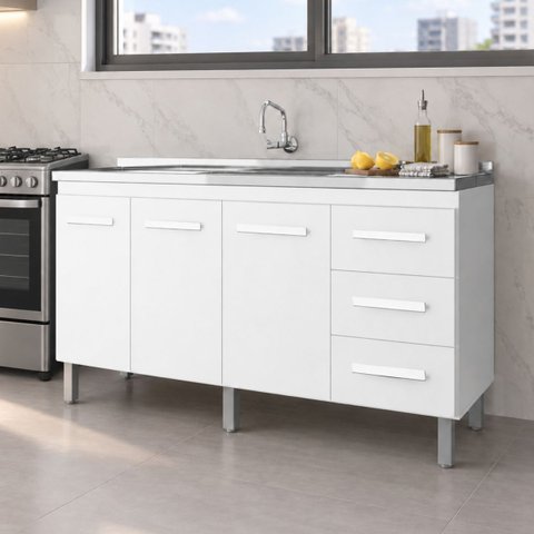 Balcão Pia Cozinha sem Tampo 150cm 3 Portas 3 Gavetas Branco