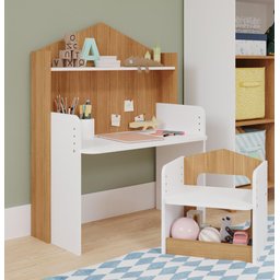 MESA INFANTIL CASINHA C/ BANCO E REGULAGEM DE ALTURA 100% MDF BRANCO/NATURE - 2